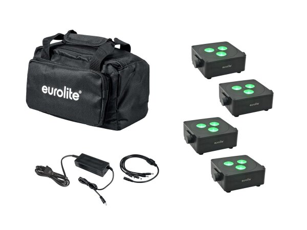 Eurolite Set 4x AKKU IP Flat Light 3 sw + Ladenetzteil + Soft-Bag