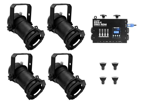 Eurolite Set 4x PAR-16 Spot bk dim2warm + EDX-4 DMX RDM LED Dimmer pack