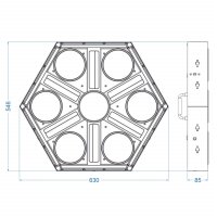 Briteq BTX-Skyran, sechseckiger Eycatcher, Multieffekt, 7x 80 Watt WW/A-LED, 120x 3 Watt LED weiss, 604x 0,5 Watt RGB LED, DMX/RDM