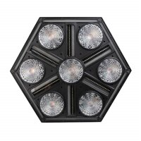 Briteq BTX-Skyran, sechseckiger Eycatcher, Multieffekt, 7x 80 Watt WW/A-LED, 120x 3 Watt LED weiss, 604x 0,5 Watt RGB LED, DMX/RDM