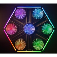 Briteq BTX-Skyran, sechseckiger Eycatcher, Multieffekt, 7x 80 Watt WW/A-LED, 120x 3 Watt LED weiss, 604x 0,5 Watt RGB LED, DMX/RDM