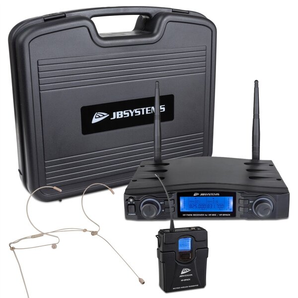 JB Systems HF-Twin Receiver Set Skin, Funkmikrofon Set mit Taschensender, Headset und Lavalier-Mikrofon