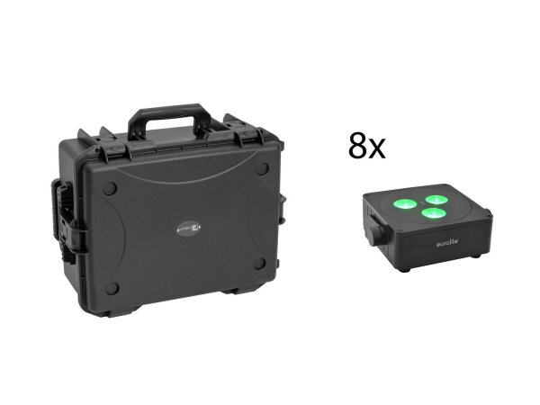 Eurolite Set 8x AKKU IP Flat Light 3 sw + Kunststoffcase mit Trolley